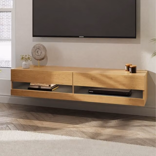 GFW Leon 180cm Minimalist Wall TV Unit with LED in Oak