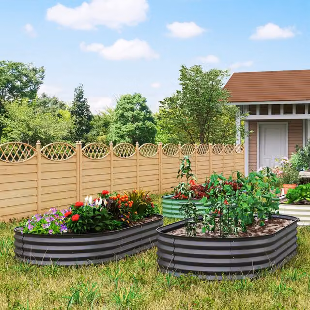 Outsunny Set of 2 Galvanised Steel Raised Beds with Plant Support Stakes in Anthracite Grey