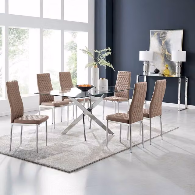 FurnitureboxUK Leonardo Glass and Chrome Metal Dining Table and 6 Milan Chairs Dining Set in Beige