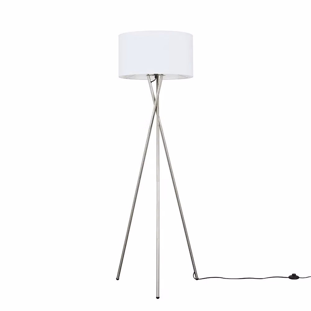 ValueLights Camden Modern Brushed Chrome Metal Tripod Floor Lamp with White Fabric Cylinder Shade – 2