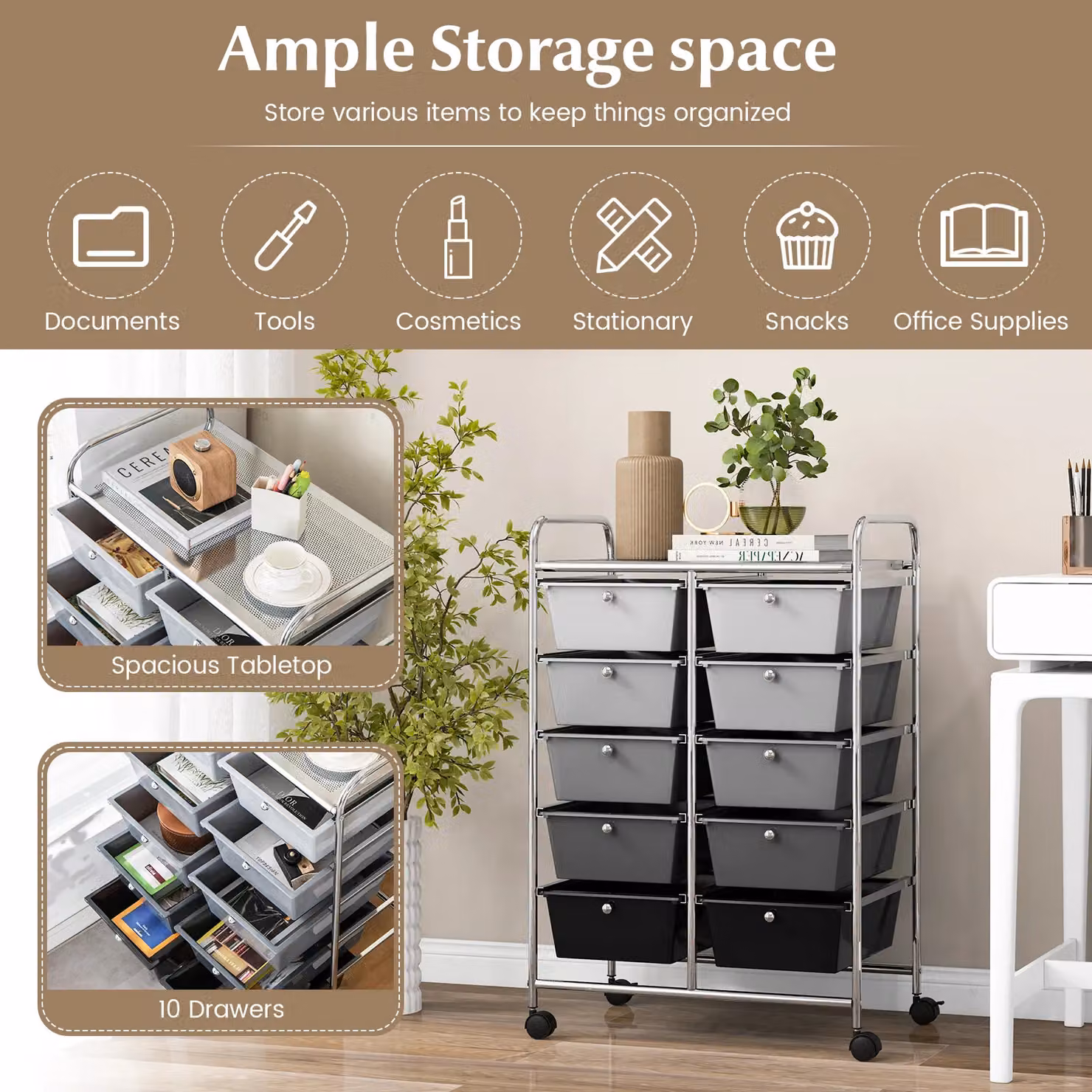 Costway 10 Drawer Mobile Storage Trolley Utility Cart in Black – 4