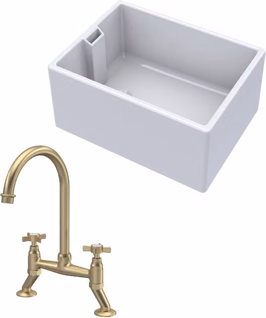 Balterley White Ceramic 1 Bowl Belfast Kitchen Sink with Brushed Brass Tap, Width: 61.5 cm