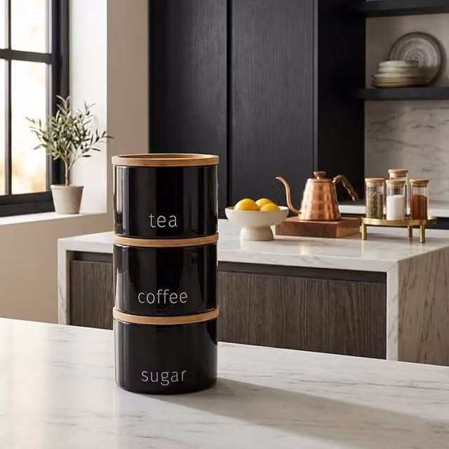 DEENZ Set of 3 Stackable Round Ceramic Tea Coffee Sugar Storage Jars with Bamboo Lids in Black