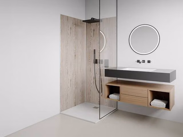 Vente-unique Set of 2 Light Oak Wood Effect Aluminium Shower Wall Panels with Profiles in Beige