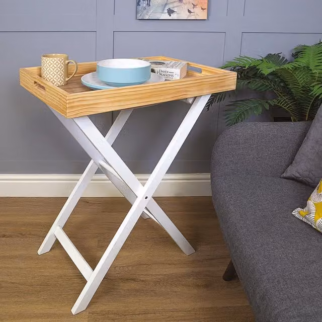 mysmartbuy Folding Butler Tray and Stand, White Wooden Side Table with Detachable Top, H77 x W60 x D40 cm