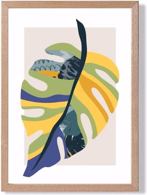 ARTZE Tropical Monstera Mid Century Modern Framed Botanical Print in Petrol, Green, Purple and Multicolour with Oak Wood Frame