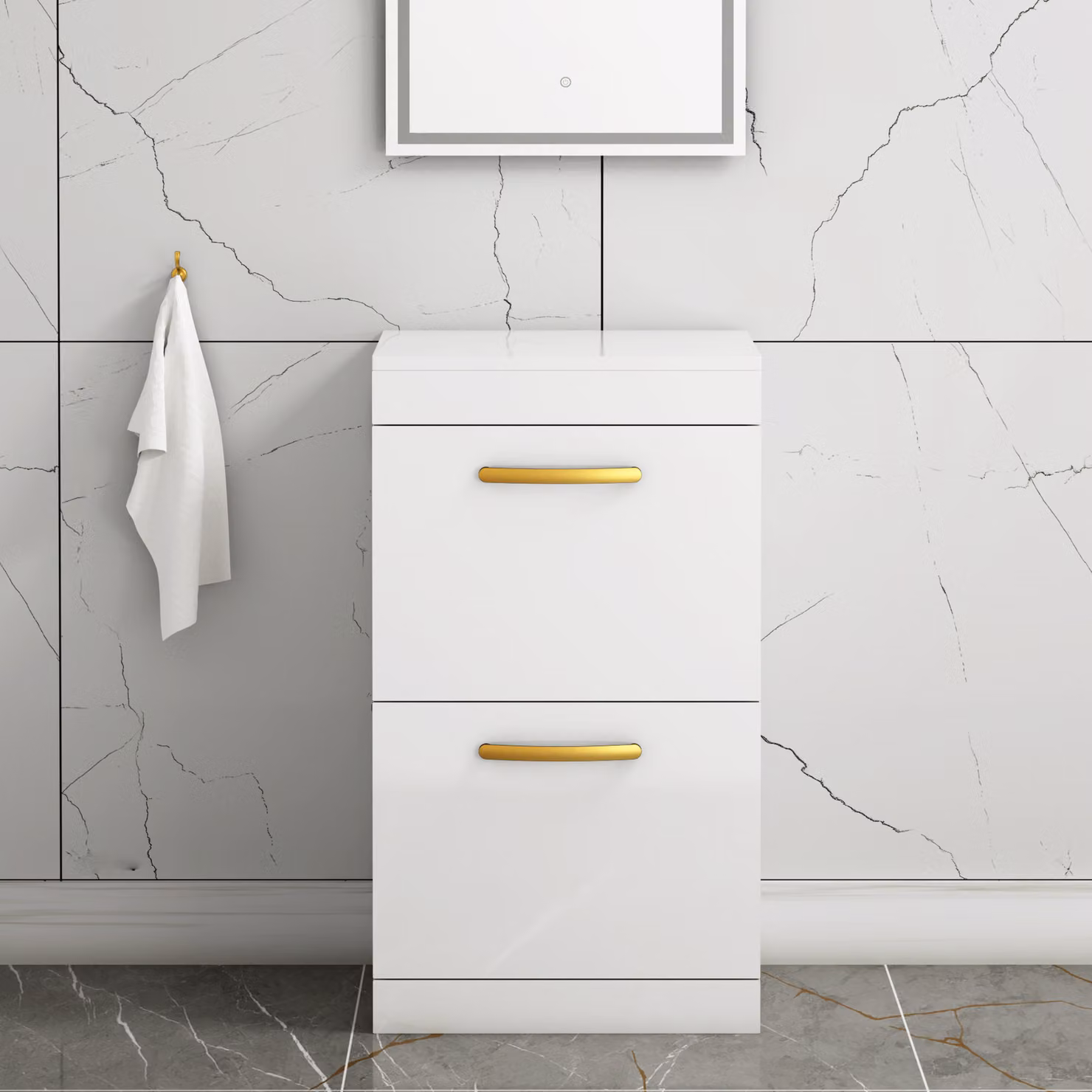 Royal Bathrooms Turin 500mm Gloss White Floor Standing 2 Drawer Worktop Vanity Unit with Brushed Brass Handle