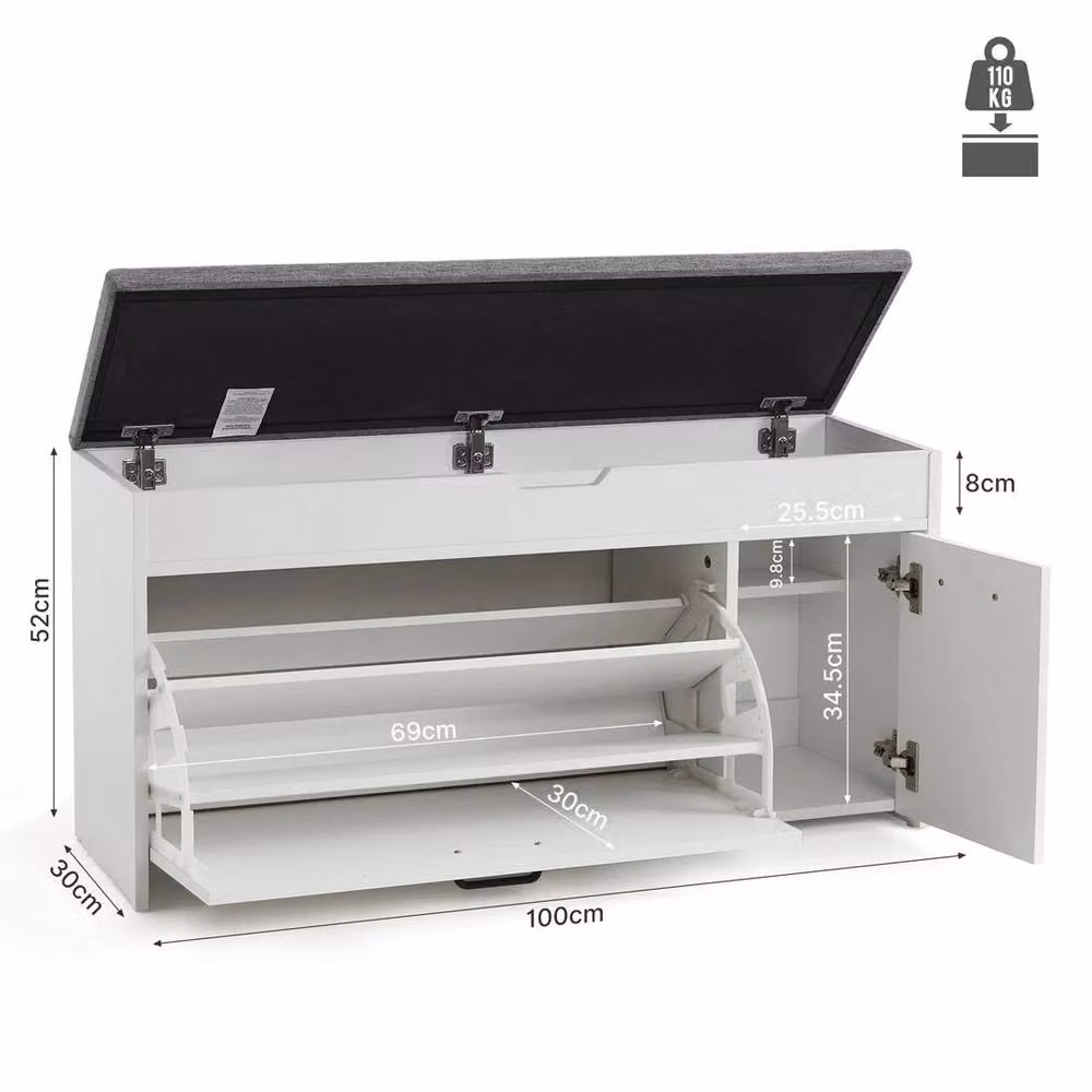 EONLION Shoe Bench with Fabric Seat Cushion and Storage in White and Grey, Width: 100 cm – 2