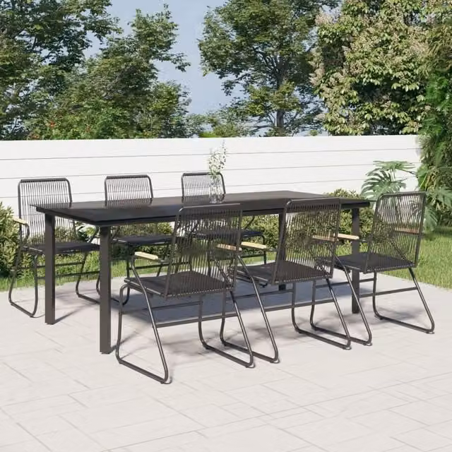 Berkfield Home 7 Piece Modern Garden Dining Set in Black PVC Rattan and Steel with Glass Top
