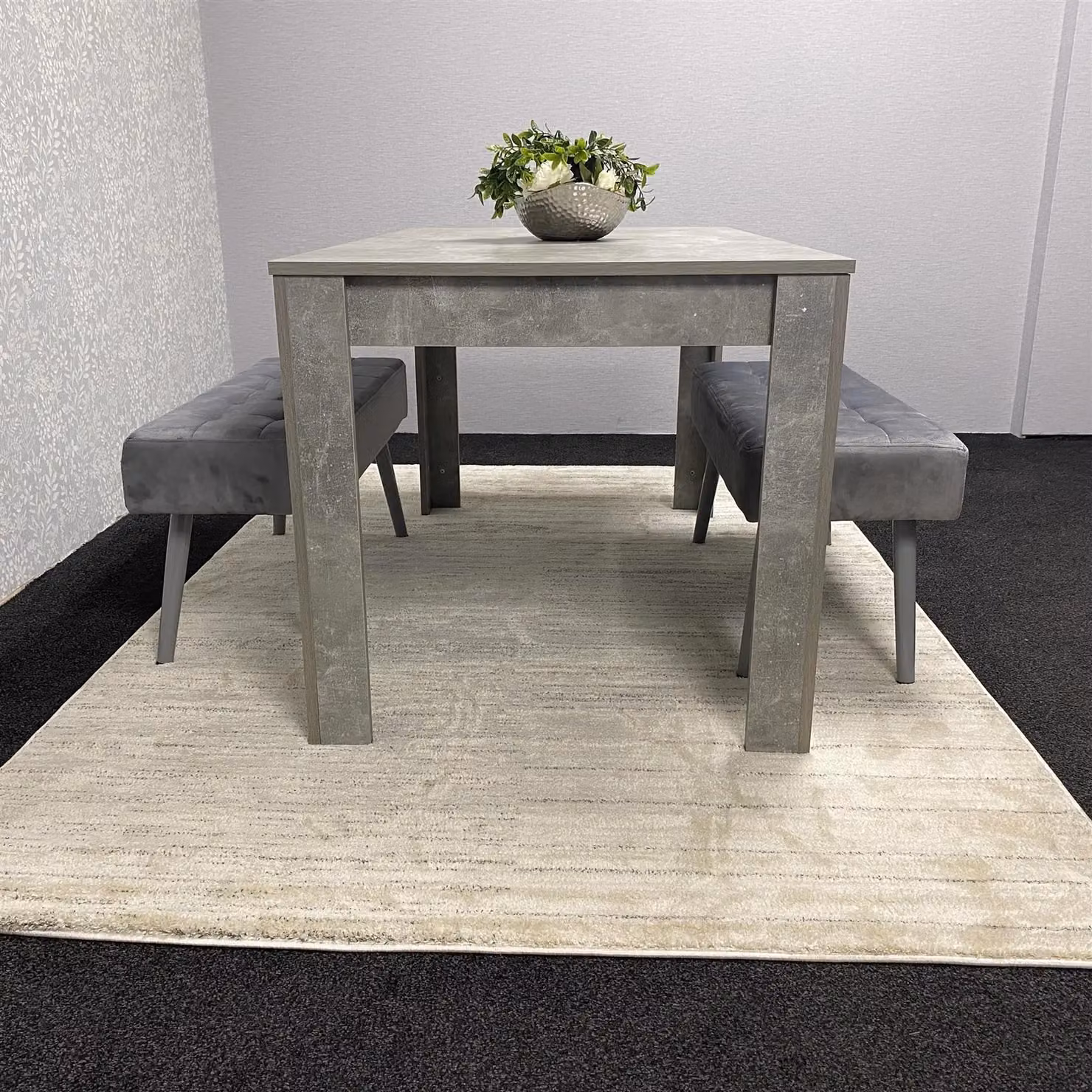 KOSY KOALA Stone Grey Effect Wood Dining Table Set with 2 Grey Velvet Benches in Brown and Grey – 2