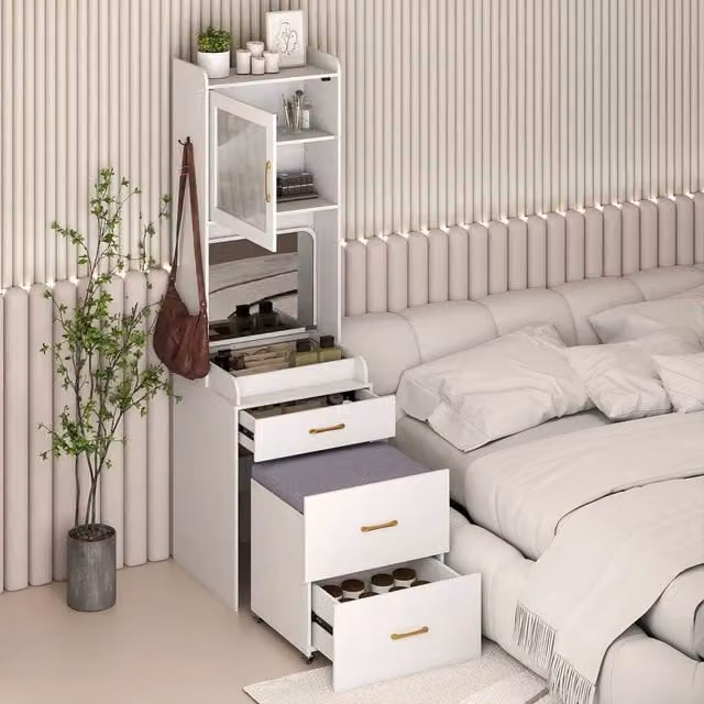 KORVIXA White Vanity Desk and Movable Storage Stool with Charging Station