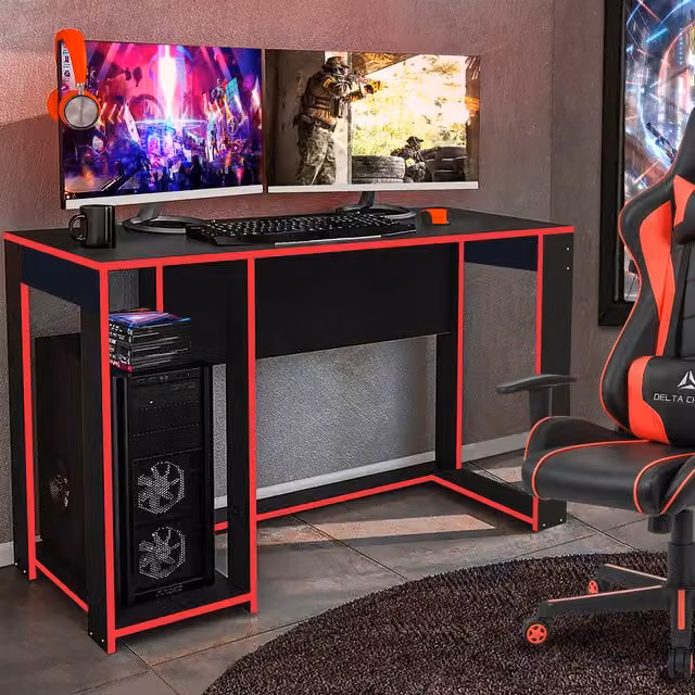 GRS Ross Gaming Desk Computer Workstation in Black with Bright Trim