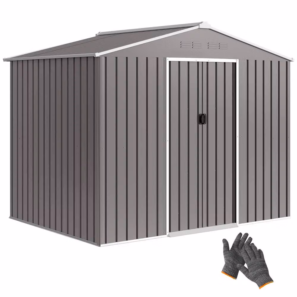 OUTSUNNY Grey Galvanised Steel Pent Garden Storage Shed with Double Door, W/D/H: 236 x 183 x 191 cm – 2