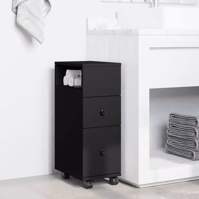 Berkfield Home Narrow Bathroom Cabinet with Wheels in Black Matt MDF, H: 65 cm, W: 23 cm, D: 33 cm – 1