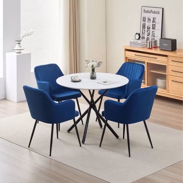 Madefor.living Seattle Round Dining Table and 4 Charlotte Velvet Chairs in Blue