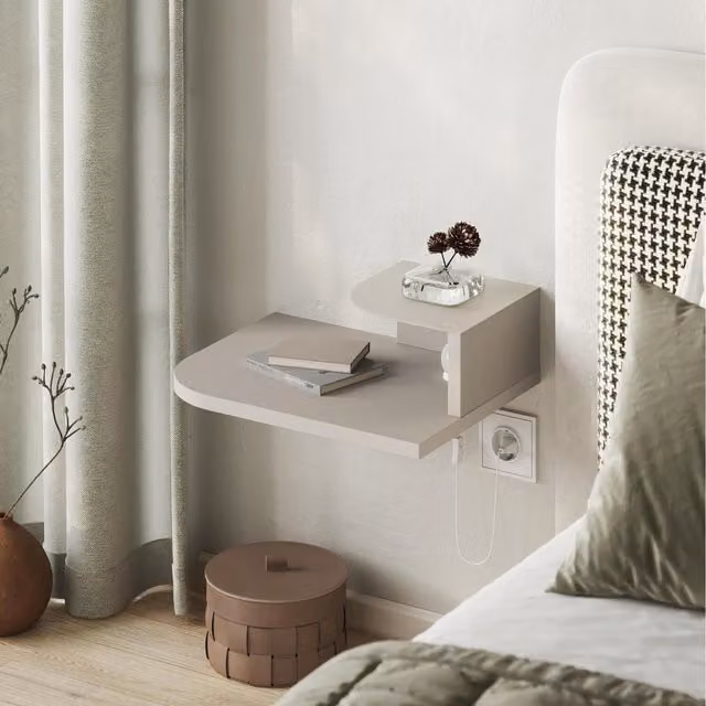 Decortie Luno Modern Wall-Mounted Bedside Table with Integrated Lighting in Sand – 1
