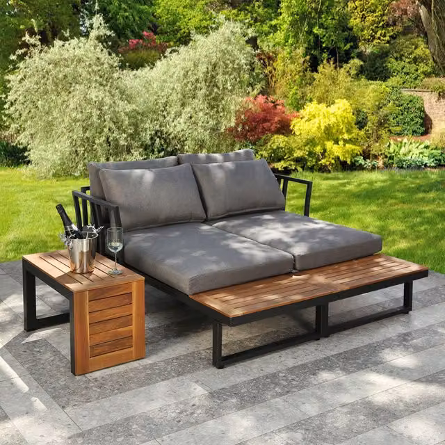 Demeter Garden Corner Sofa Convertible Into Sun Loungers in Grey with Acacia Wood and Metal Frame