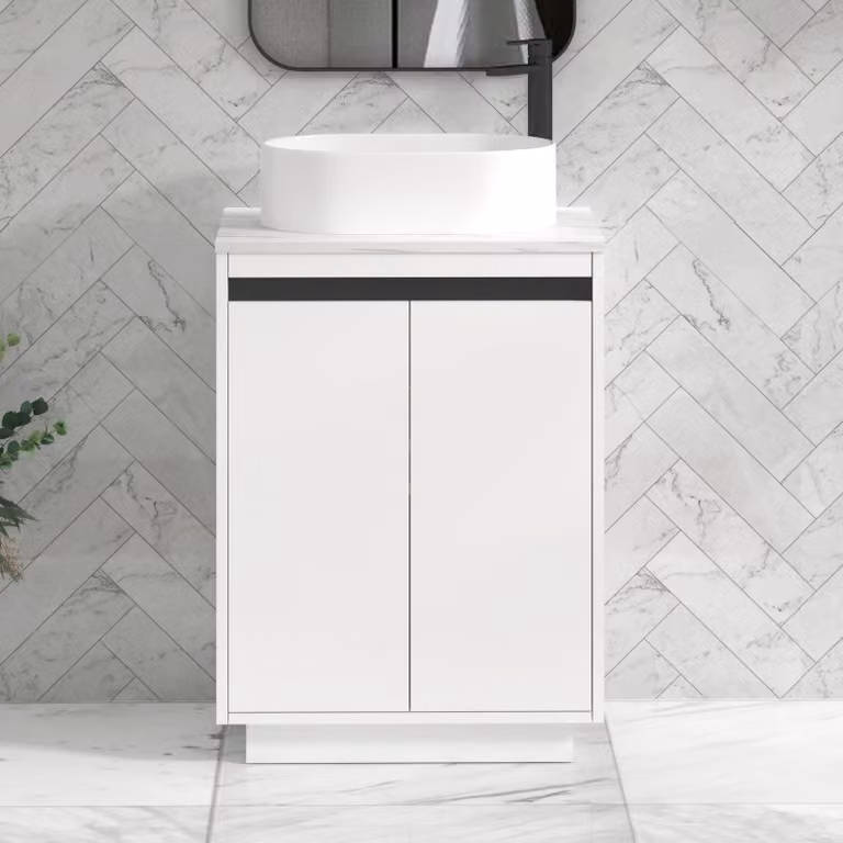 Royal Bathrooms Orion 600mm Matt White Floor Standing 2 Door Vanity Unit with Peak Basin and Black Accent Trim