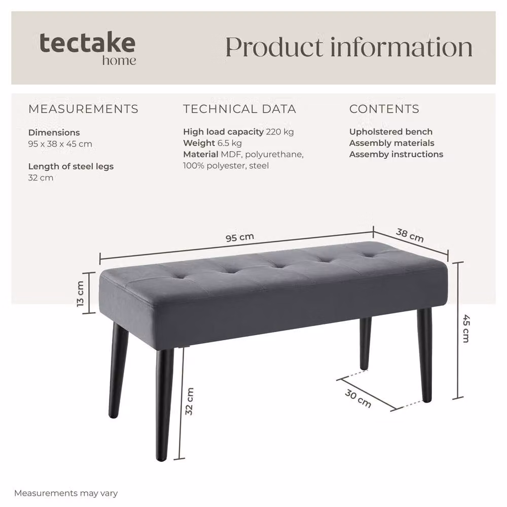 tectake Glora Upholstered Bench with Quilted Geometric Pattern in Grey Velvet – 6