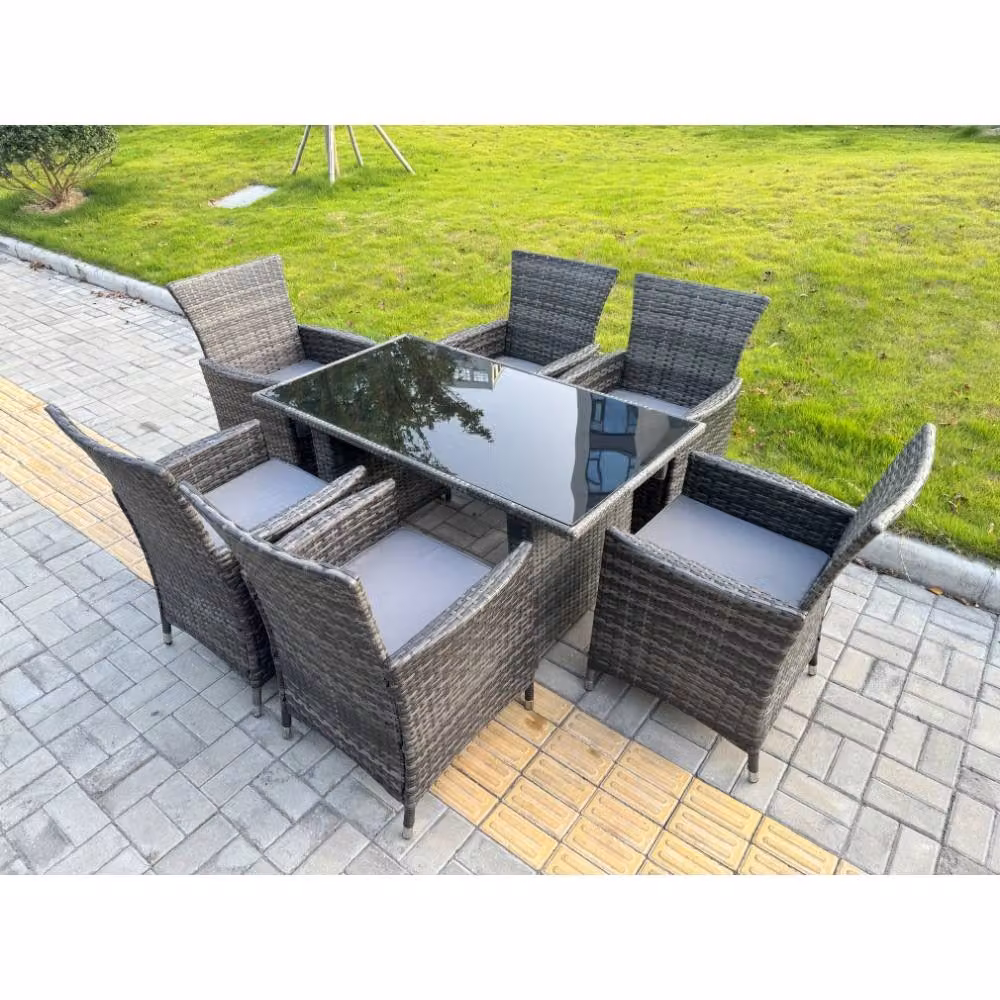 Fimous 6-Seater Rattan Garden Furniture Set with Black Glass Table and Dark Grey Chairs – 2