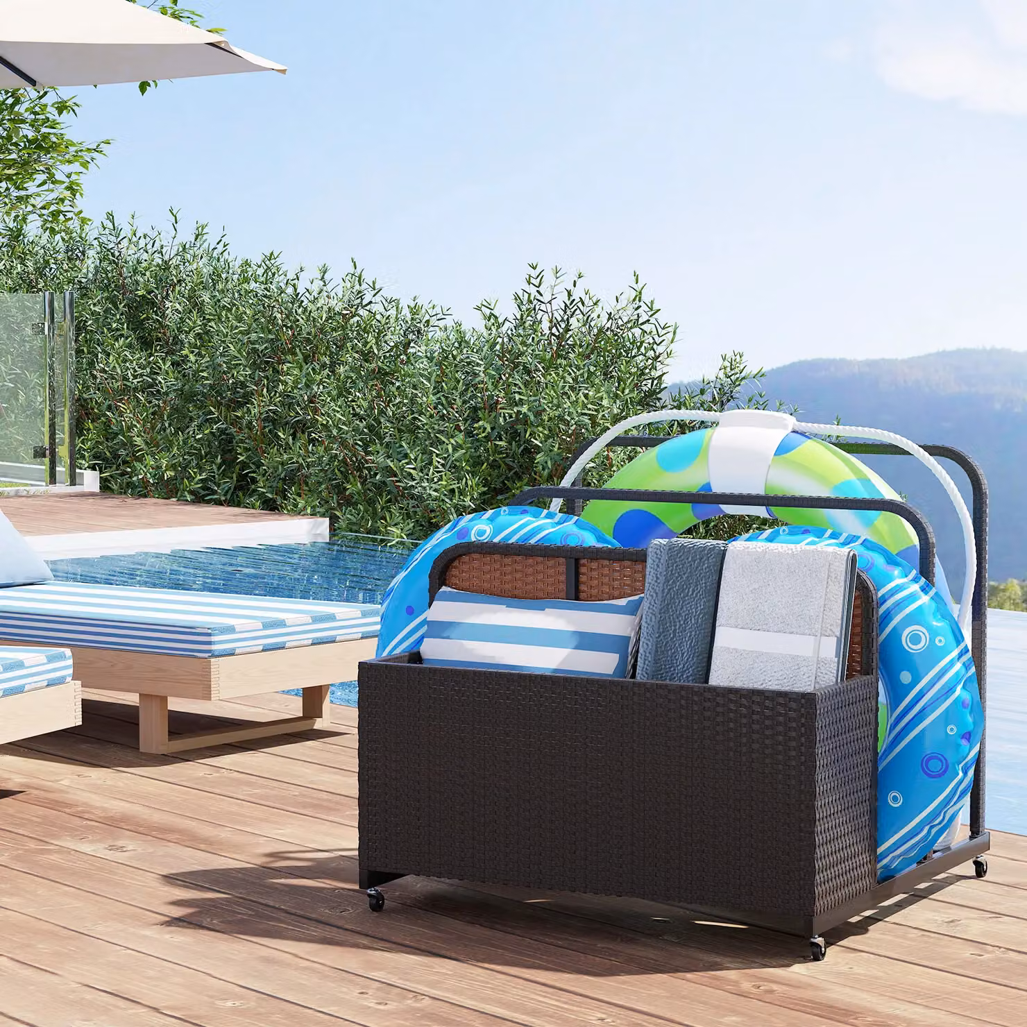 Costway Wicker Patio Pool Float Storage Organizer Caddy Basket in Brown – 7