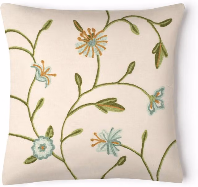 Velosso Floral Embroidered Square Cushion in Green, Blue and White, W/D/H: 56 x 56 x 1 cm