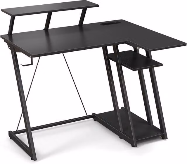 Costway L-Shaped Gaming Desk in Black with USB Ports and Outlets