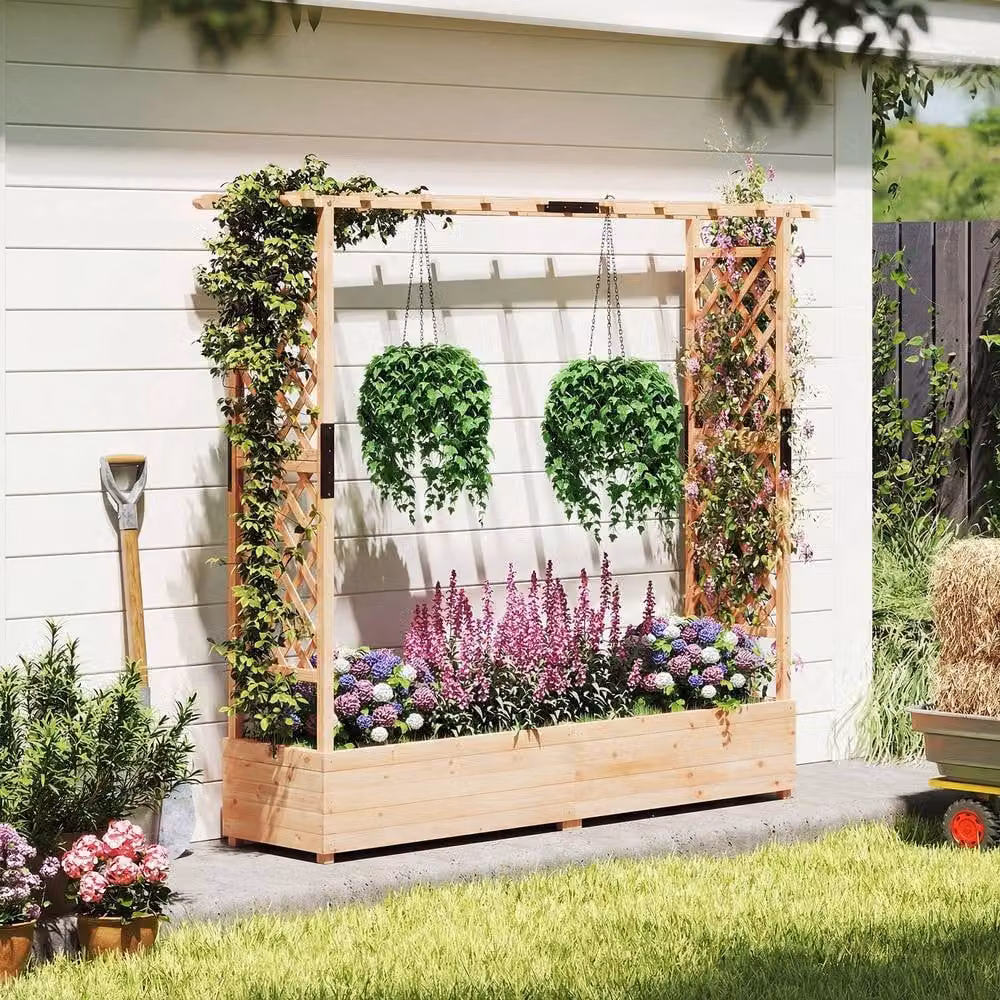 Costway Fir Wood Raised Garden Bed with Trellis in Sand/Brown, W/D/H: 182.0 x 41.0 x 174.0 cm – 4