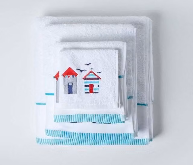 Homescapes Maritime Striped Cotton Terry Bath Sheet in White, Blue and Red