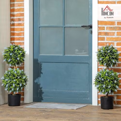 HOMCOM Set of 2 Blue and Green Artificial Floral Ball Trees in Round Concrete and Plastic Pots, Height: 70 cm – 2