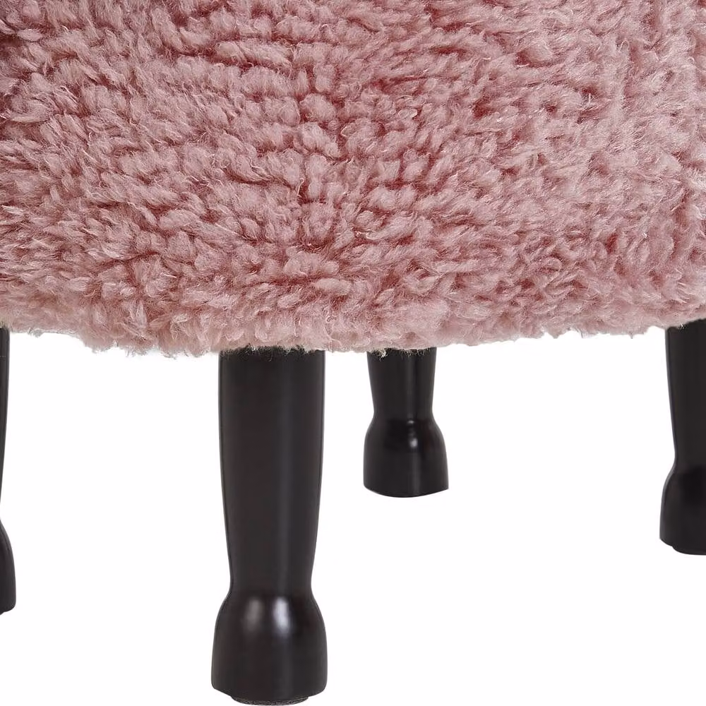 Wyld and Coco Pink Sheep Faux Fur Footstool with Lift Up Storage and Black Rubberwood Legs – 6