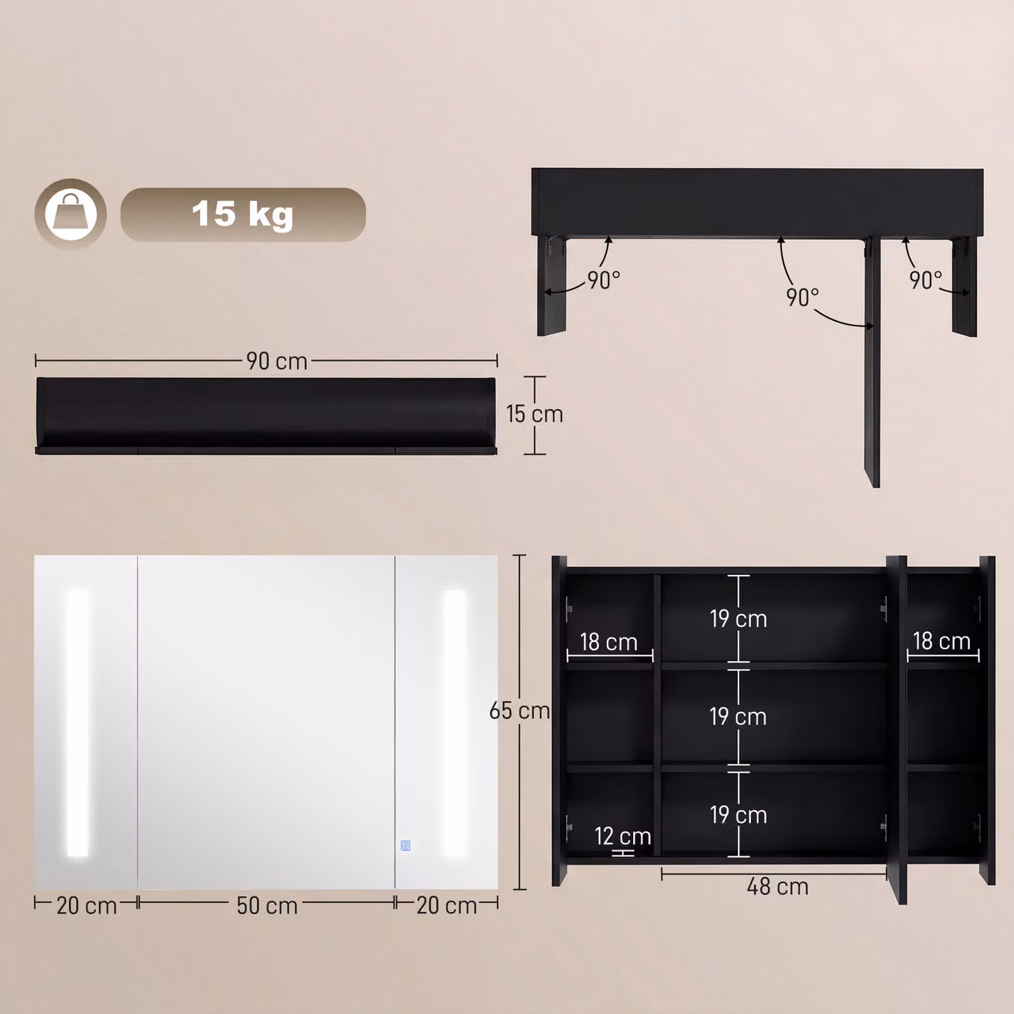 kleankin LED Bathroom Cabinet with Mirror, Black Wall Mounted Storage Organiser with 3 Mirrored Doors, Adjustable Shelves and Sensor Switch, W/D/H: 90 x 24 x 65 cm – 2