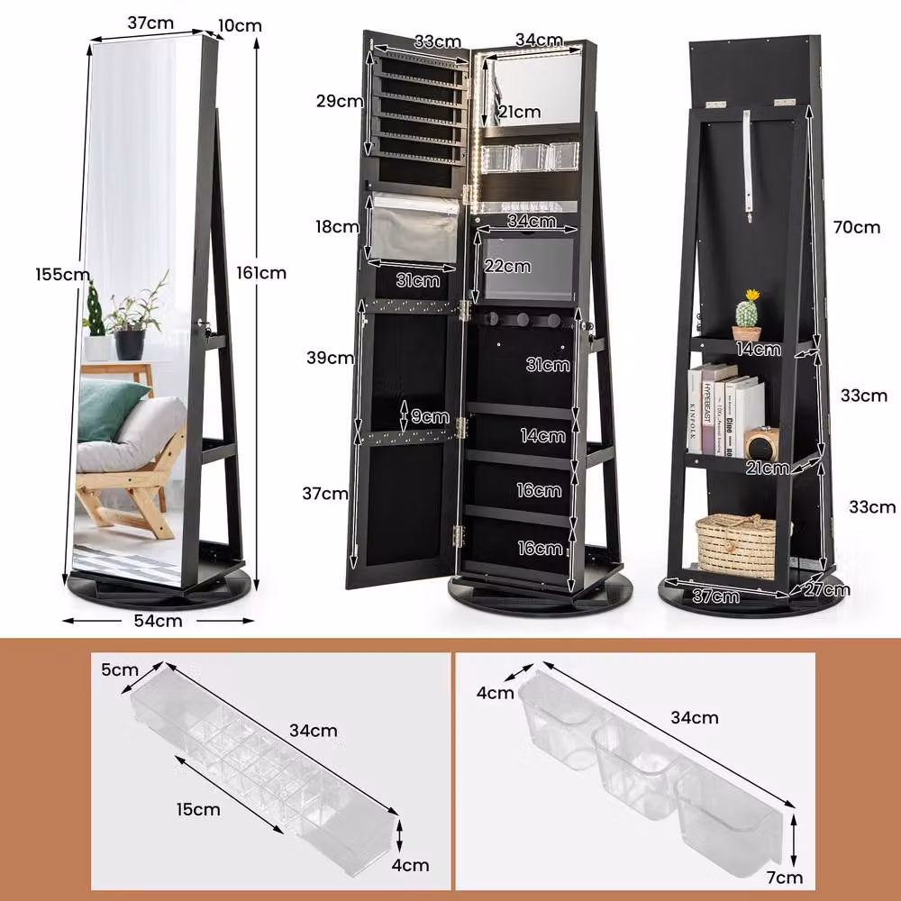 Costway Rotating Freestanding Jewelry Armoire with Full Length Mirror and LED Lighting in Black – 2