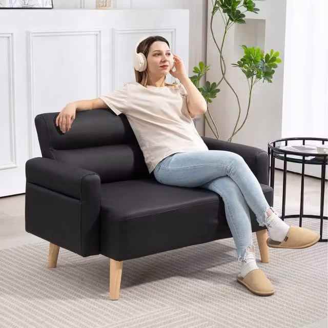 HOMCOM Small 2 Seater Upholstered Sofa Settee with Tufted Back in Black Synthetic Leather