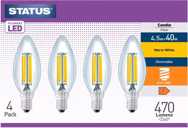Status Pack of 4 Dimmable Warm White Transparent Glass Filament LED Candle Bulbs