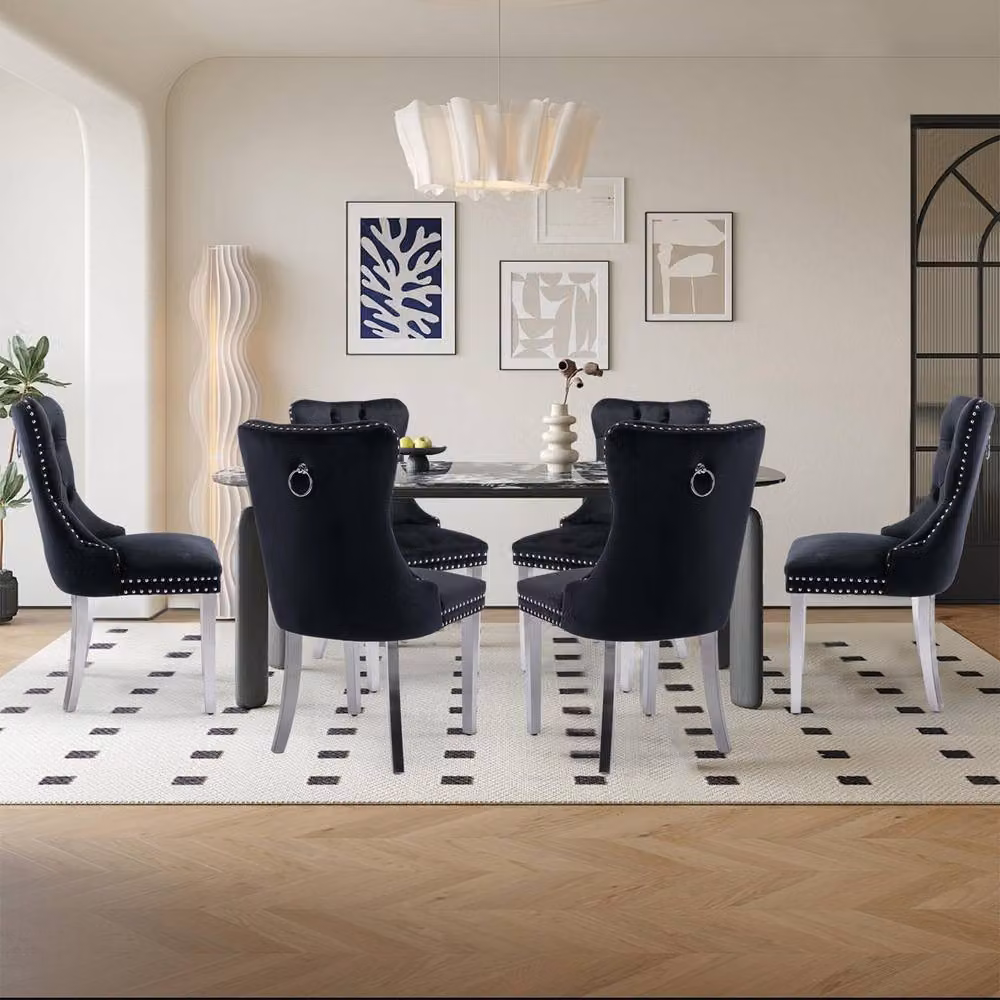 HomeTouch Winchester Set of 6 Black Velvet Upholstered Kitchen Dining Chairs with Silver Chrome Legs – 2