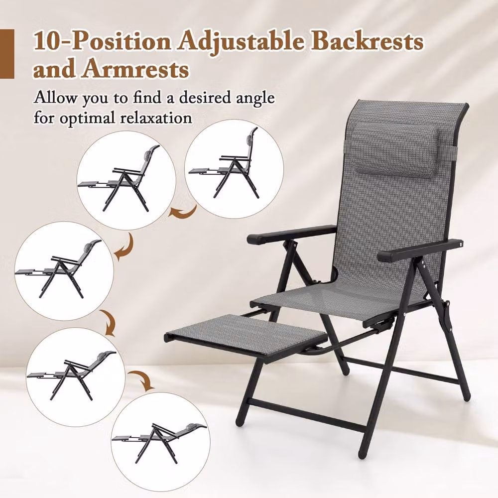 Costway Grey Folding Patio Lounge Chair with 10-Level Adjustable Backrest and Armrests – 2