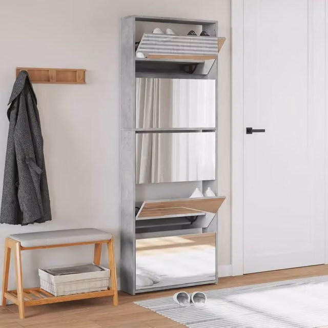 Berkfield Home Modern Shoe Cabinet with Mirror in Grey, W: 63 cm, D: 17 cm, H: 169.5 cm – 1
