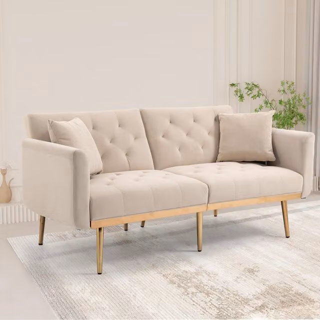 Aosom UK Modern 2-Seater Convertible Loveseat Sofa in Beige Velvet with 3-Position Adjustable Backrest and Sleeping Function, W/D/H: 165 x 72.5 x 75 cm