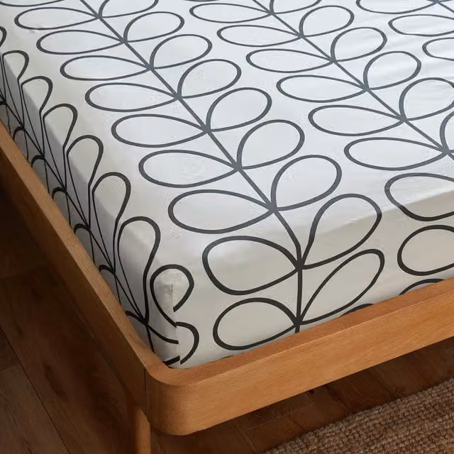 Orla Kiely Linear Stem Cotton Fitted Bed Sheet, Grey and White, Depth: 40 cm