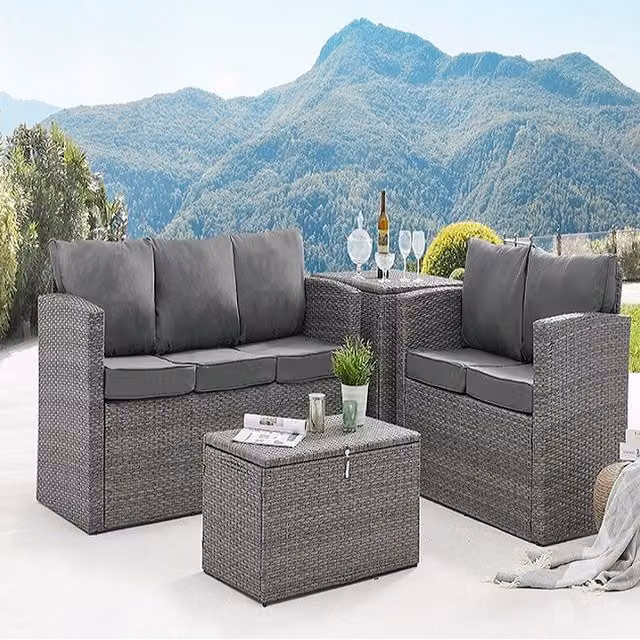 GRS Toulon Rattan Sofa Lounge Set with Storage Tables in Grey