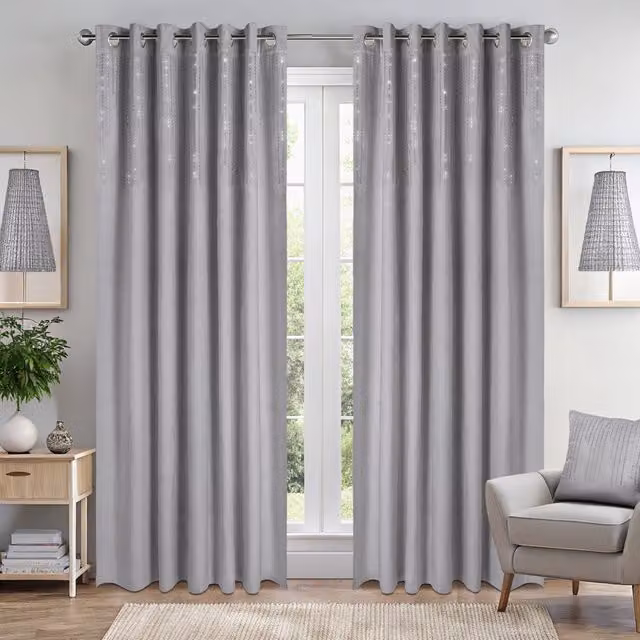 Terrys Diamondo Silver Velvet Blackout Eyelet Curtains with Thermal Insulation