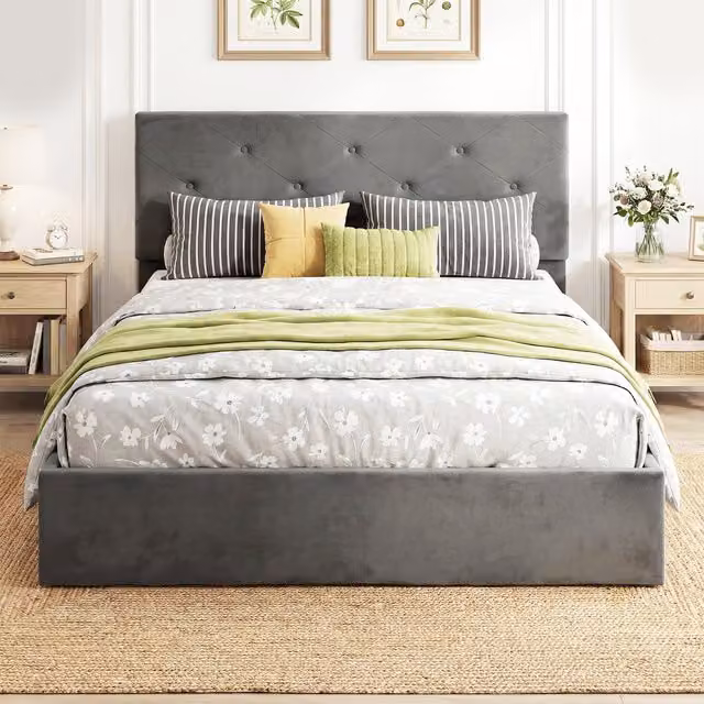 HOMCOM Upholstered Velvet Bed Frame with Gas Lift Underbed Storage in Dark Grey, 150 x 200 cm