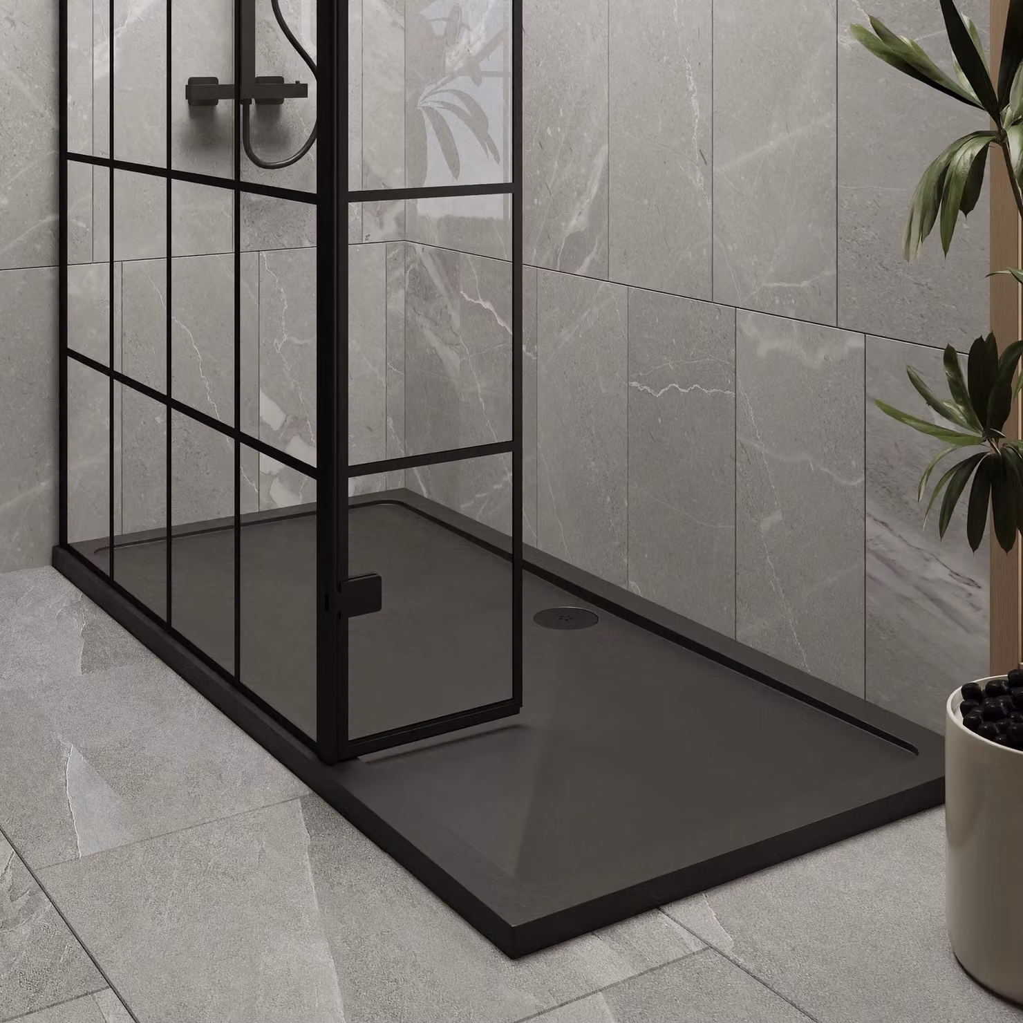 Balterley 8mm Glass Walk-In Wetroom Screen with Return and Tray, Black Framed, W: 1700 mm, D: 800 mm – 3