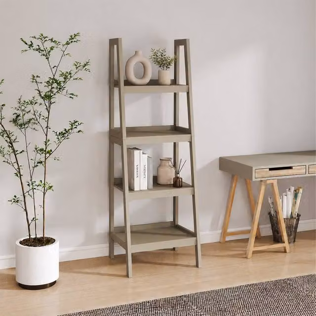 Melody Maison Mid-Century Style 4 Tier Taupe Painted Wooden Ladder Shelf, Height: 178 cm