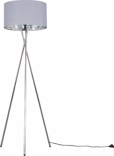 ValueLights Camden Tripod Floor Lamp with Grey Fabric Shade and Chrome Base, Includes Bulb, H 153 cm x W 62 cm