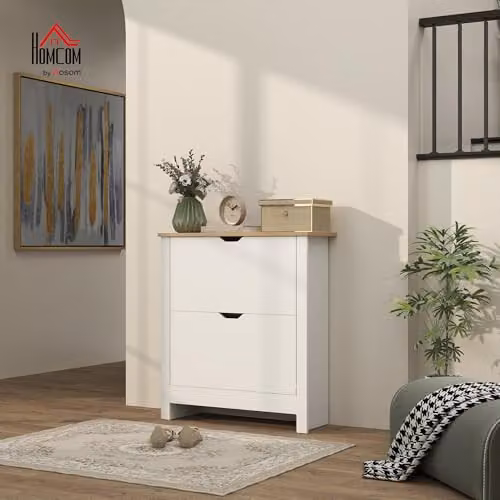 HOMCOM Glossy White Shoe Storage Cabinet with Tilting Compartments and Internal Shelves – 2