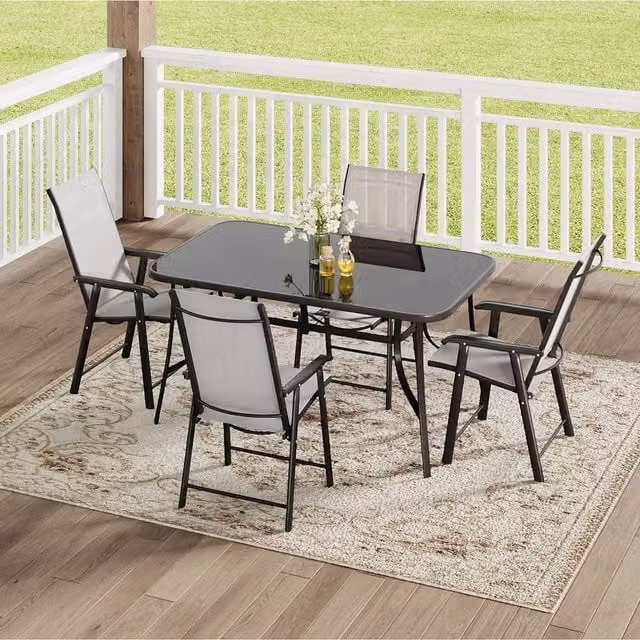 Komore Black Rectangular Tempered Glass Garden Table and Four Chairs Set
