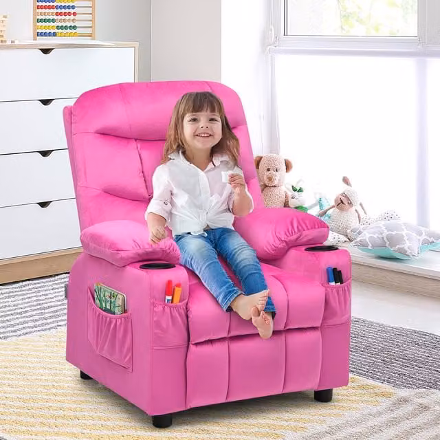 COSTWAY Pink Velvet Recliner Chair for Kids and Teenagers with Armrests
