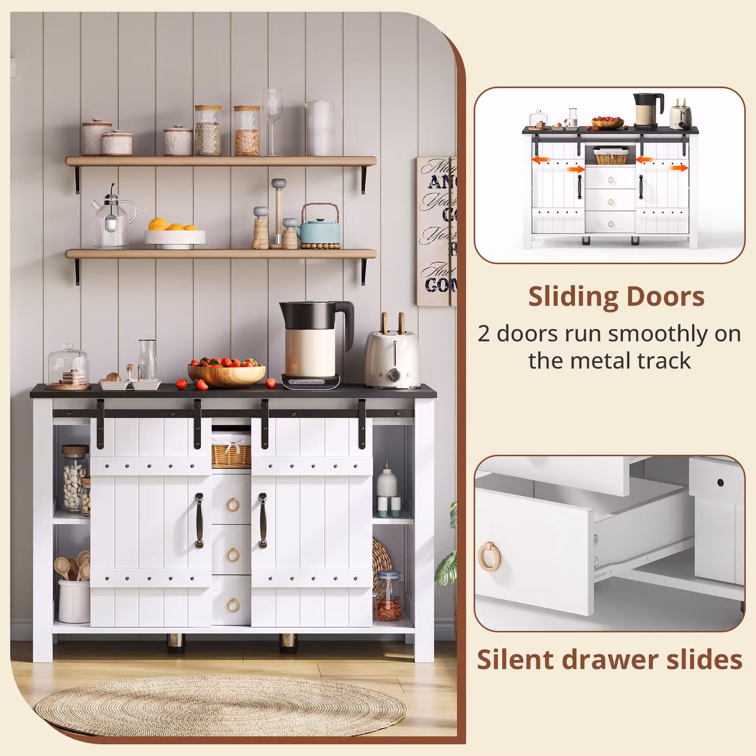 Aosom UK Rustic White Sideboard with 3 Drawers and Sliding Doors, W: 120 cm, D: 40 cm, H: 80 cm – 3
